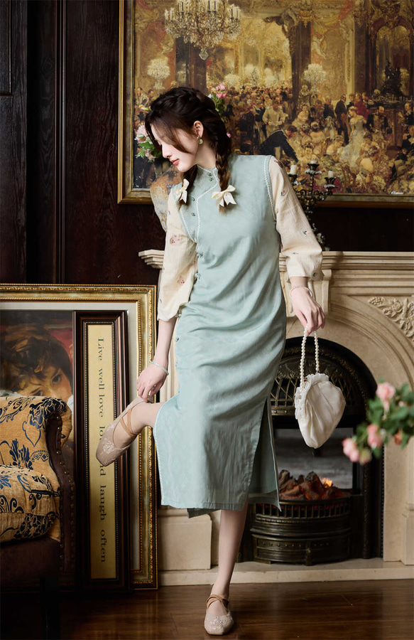 青綠色 素雅日常可穿假兩件旗袍 寬松民國風洋裝連身裙 第14張的照片