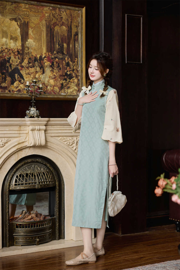 青綠色 素雅日常可穿假兩件旗袍 寬松民國風洋裝連身裙 第17張的照片