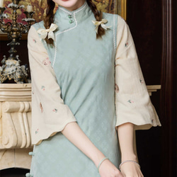 青綠色 素雅日常可穿假兩件旗袍 寬松民國風洋裝連身裙 第10張的照片