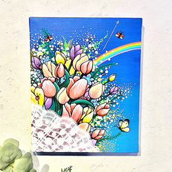 空とお花の絵 原画 「幸せの花束」 春の花　チューリップ　お花の絵 2枚目の画像