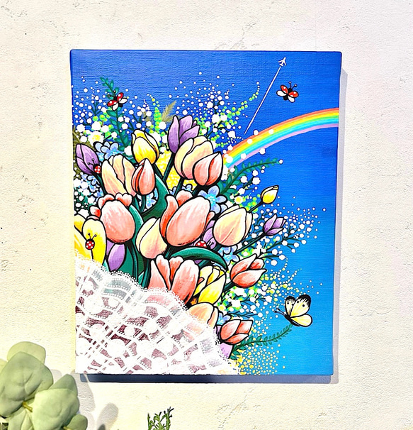 アクリル画 原画 「幸せの花束」 春の花　チューリップ　お花の絵 2枚目の画像