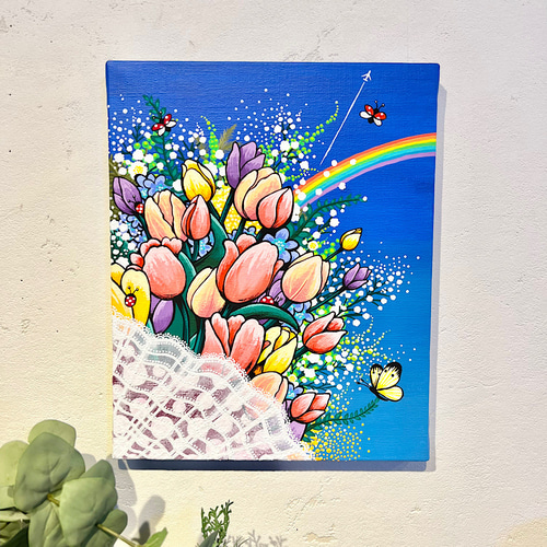 手描き絵画 空とお花の絵 「幸せの花束」 春の絵 チューリップ 手描き絵画 空とお花の絵 「幸せの花束」 春の絵 チューリップ