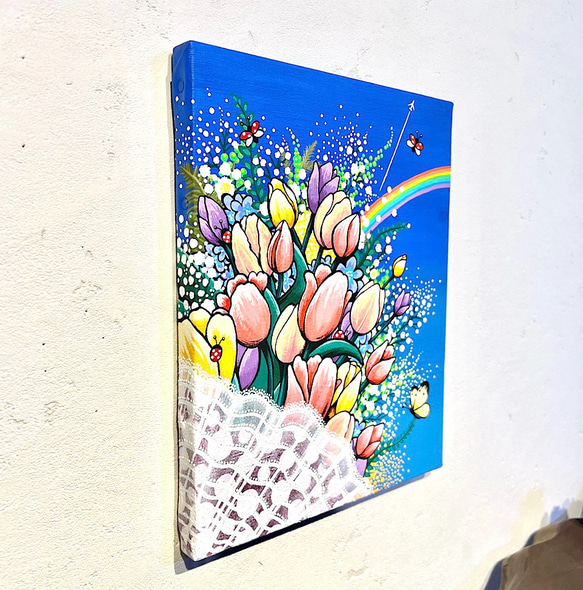 空とお花の絵 原画 「幸せの花束」 春の花　チューリップ　お花の絵 1枚目の画像