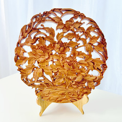 百花牡丹 桃の木 透かし彫刻 直径29.5cm 大きい 龍の置物 風水龍招財進