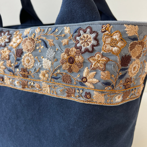 新色◇インド刺繍リボンとクッタリ帆布のトートバッグ◇tulle