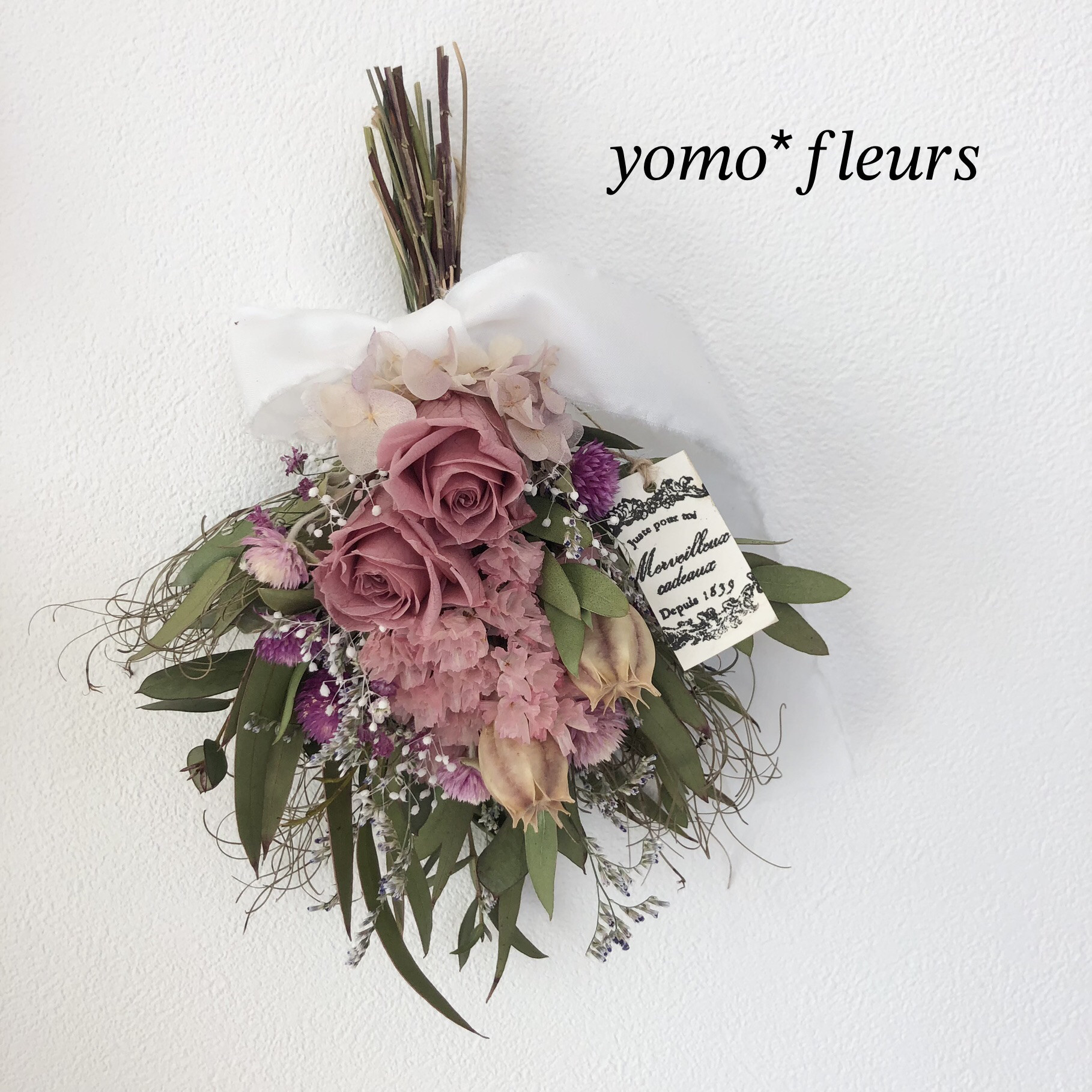 ドライフラワー★ナチュラルスワッグ★ミニ薔薇　紫陽花　インテリア♪1点物♪癒し♪ Tida Flowerのドライフラワーミニスワッグ（シックカラー