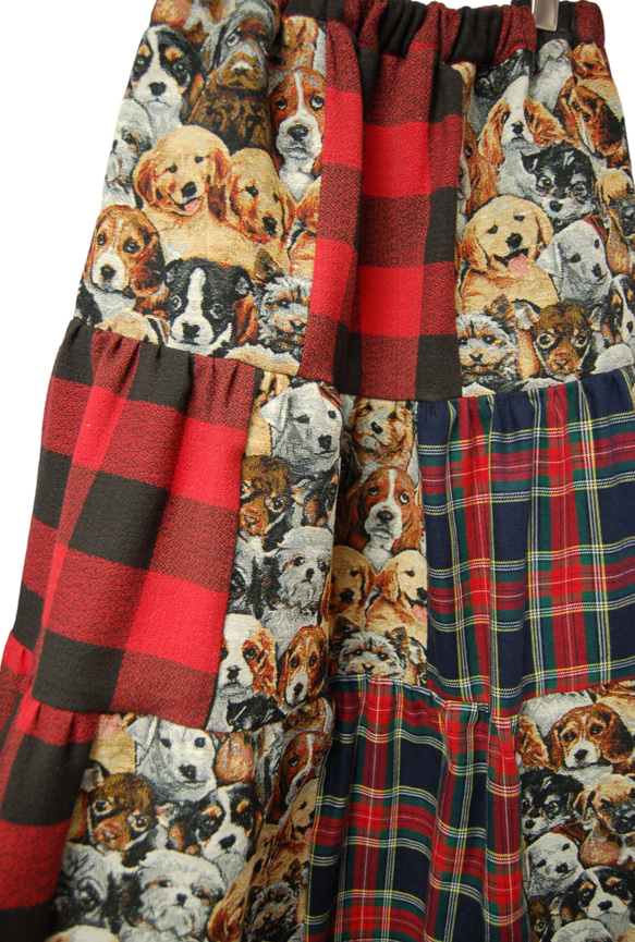 犬柄×タータンチェック×ブロックチェック　ミックス　ティアードロングスカート 6枚目の画像