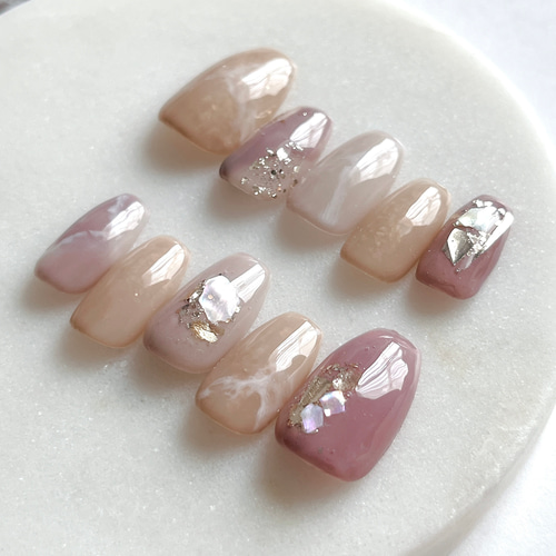 55 淡色 大理石 ネイルチップ ベージュ シェル もやもや うるうる  