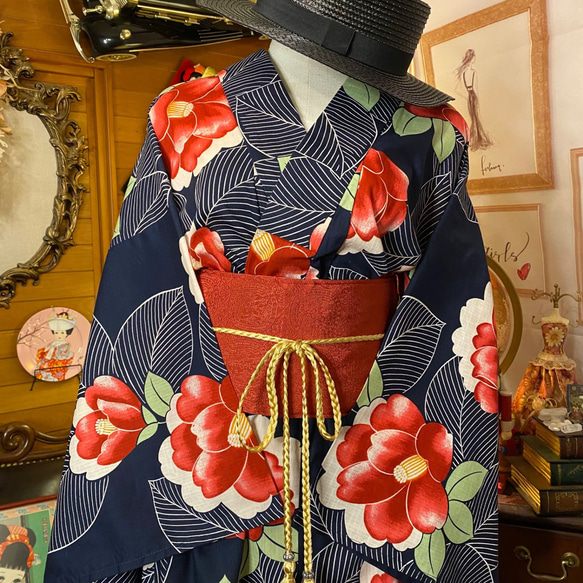和洋折衷 浴衣 リメイク ワンピース ドレス 名古屋帯サッシュベルト レトロ 古着 和 モダン 素敵な椿 W-228 2枚目の画像