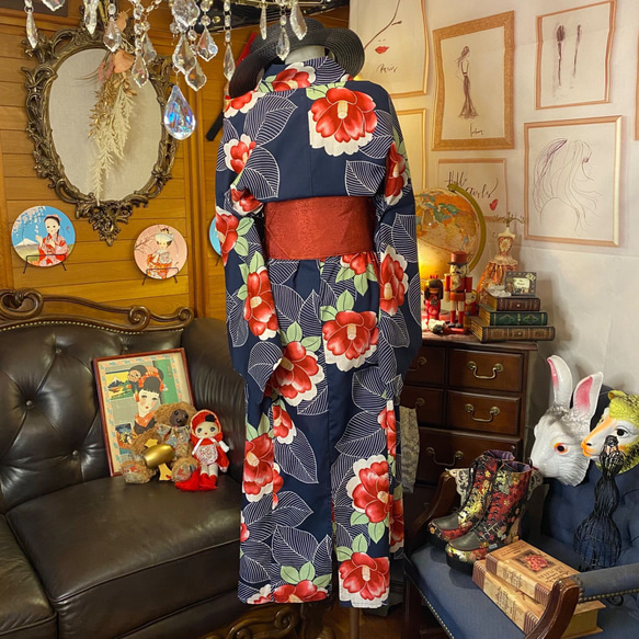 和洋折衷 浴衣 リメイク ワンピース ドレス 名古屋帯サッシュベルト レトロ 古着 和 モダン 素敵な椿 W-228 5枚目の画像