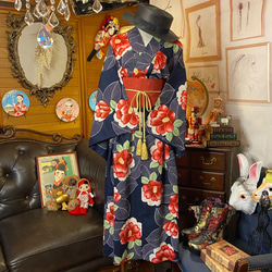 和洋折衷 浴衣 リメイク ワンピース ドレス 名古屋帯サッシュベルト レトロ 古着 和 モダン 素敵な椿 W-228 3枚目の画像
