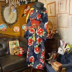 和洋折衷 浴衣 リメイク ワンピース ドレス 名古屋帯サッシュベルト レトロ 古着 和 モダン 素敵な椿 W-228 4枚目の画像