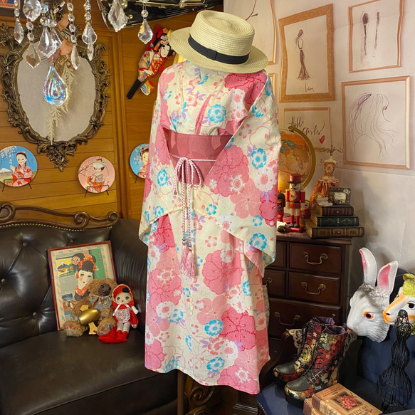 和洋折衷 浴衣 リメイク ワンピース ドレス 名古屋帯サッシュベルト レトロ 古着 和 モダン W-230 4枚目の画像