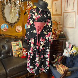 和洋折衷 浴衣 リメイク ワンピース ドレス 帯サッシュベルト レトロ 古着 和 モダン W-232 2枚目の画像