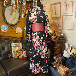 和洋折衷 浴衣 リメイク ワンピース ドレス 帯サッシュベルト レトロ 古着 和 モダン W-232 4枚目の画像