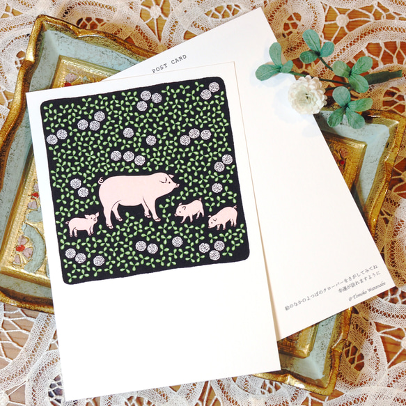 POST CARD - Find a lucky clover - pig family 2枚セット 2枚目の画像