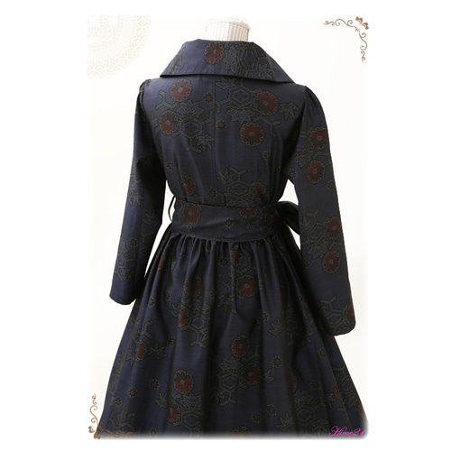 大島紬】エレガント☆大きな襟のロング丈ワンピース長袖(紺色