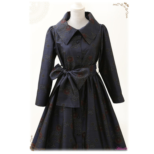 大島紬】エレガント☆大きな襟のロング丈ワンピース長袖(紺色