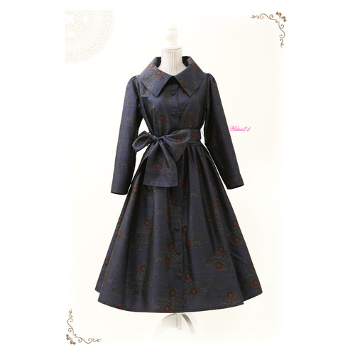 大島紬】エレガント☆大きな襟のロング丈ワンピース長袖(紺色