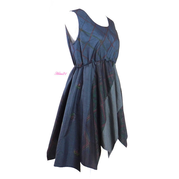 SALE【大島紬】ふんわり変形チュニック(紺色緑系) 重ね着ワンピースにも！着物リメイク*シルク絹　tsu811 