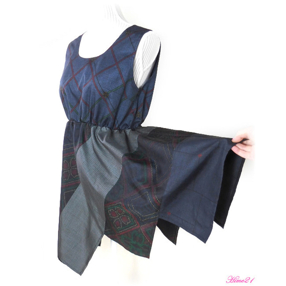 SALE【大島紬】ふんわり変形チュニック(紺色緑系) 重ね着ワンピースにも！着物リメイク*シルク絹　tsu811 