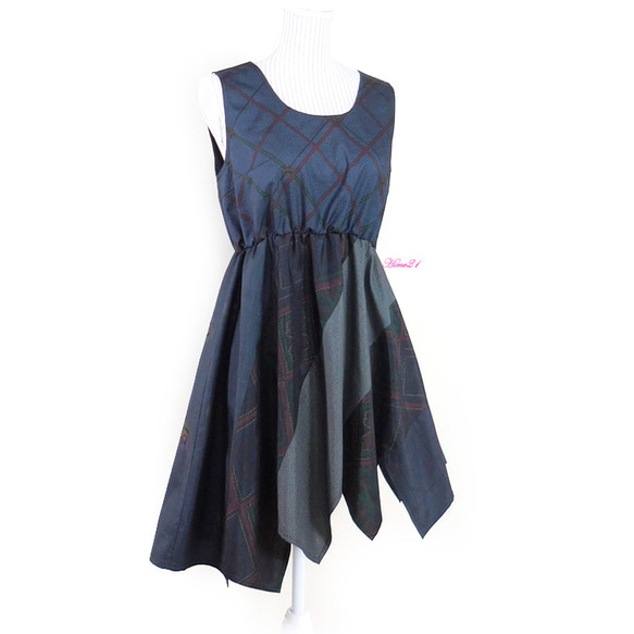 SALE【大島紬】ふんわり変形チュニック(紺色緑系) 重ね着ワンピースにも！着物リメイク*シルク絹　tsu811 