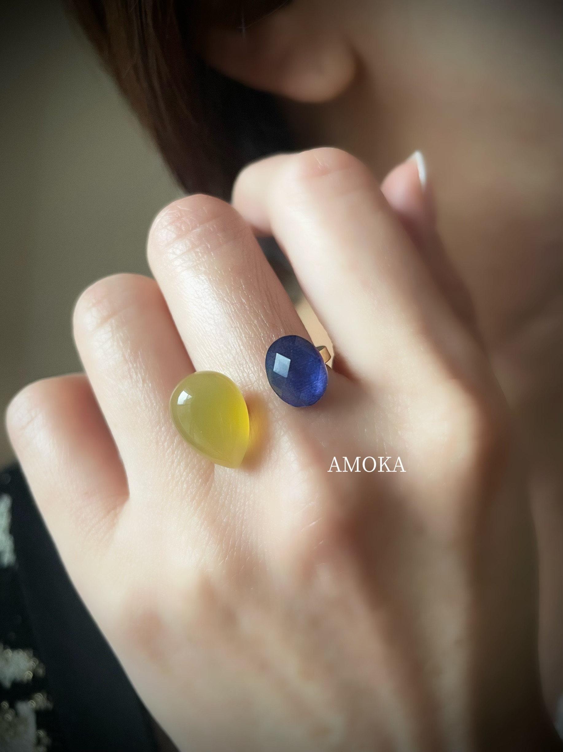 〈数量限定〉【黄色×青】ハニーカラーカルセドニー×   クリスタル　フリーサイズ