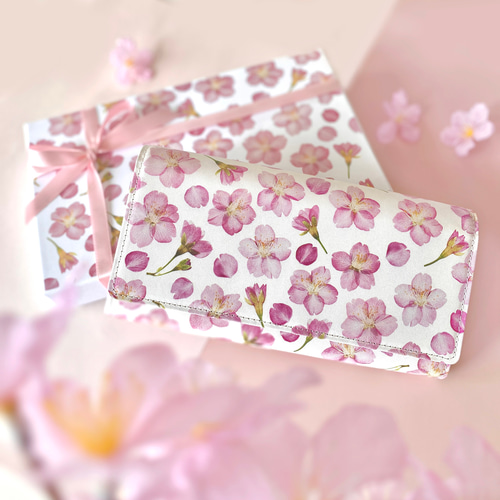 満開さくら柄』押し花レザーかぶせ長財布【11月末頃に発送】 長