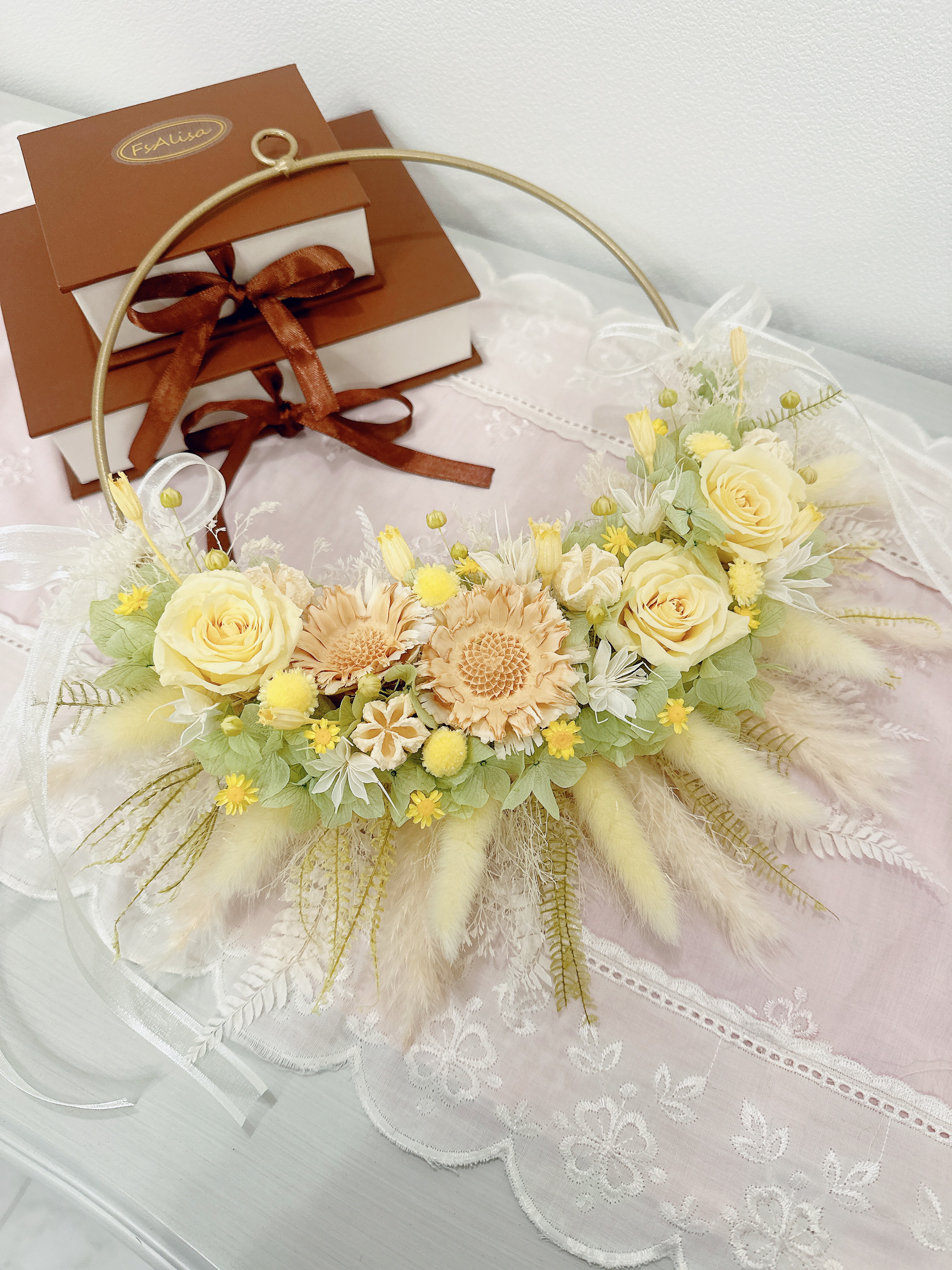 ワイヤーリング ふわふわ サマーリース レモンイエロー バラ 黄色 春色 ウエディング ギフト プリザーブド 誕生日 祝