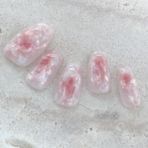 オーダー】ネイルチップミラーフレンチ桃ピーチ韓国マーブルワンホン