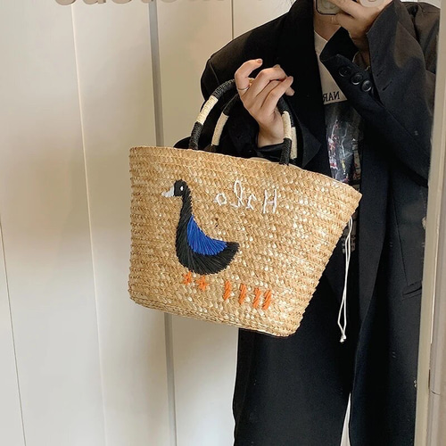 リクエスト再販！3サイズ アヒル刺繍かごバッグ レディース 大容量