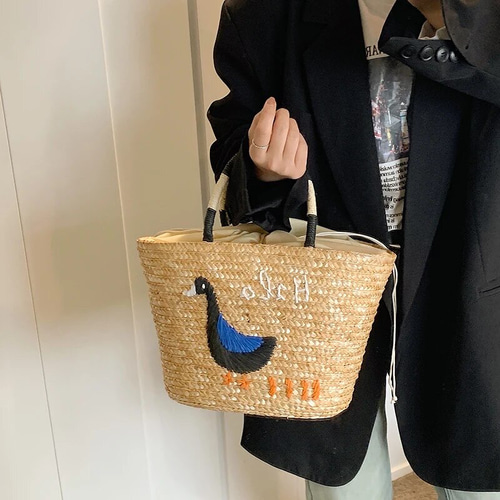 花柄刺繍 ストロー かごバッグ フラワー 花柄 刺繍 かごバッグ ショルダーバッグ (かごバッグ
