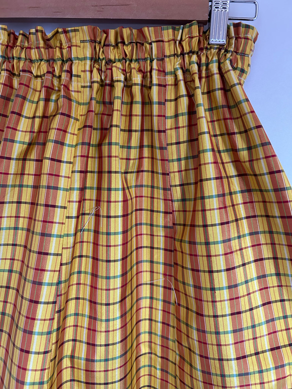 大島紬　ギャザースカート　8枚はぎ　フリル　リボンベルト付き　黄色　格子柄　着物リメイク　着物裏ペチコート付き　276 12枚目の画像
