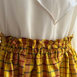 大島紬　ギャザースカート　8枚はぎ　フリル　リボンベルト付き　黄色　格子柄　着物リメイク　着物裏ペチコート付き　276 8枚目の画像