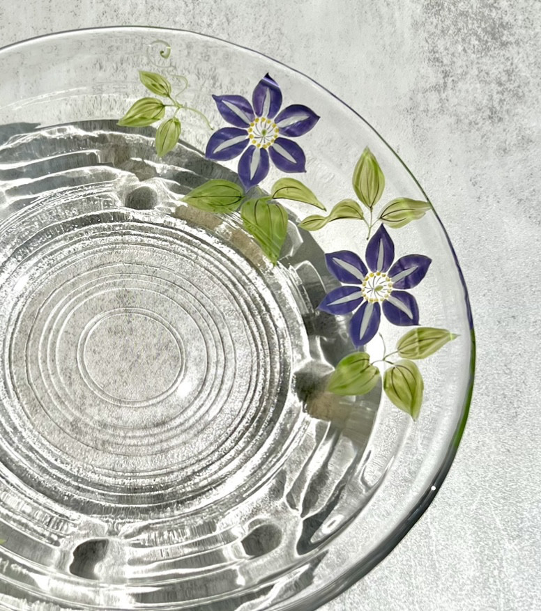 京の色絵ガラス　弘泉画　絵変わり15cmガラス皿　5枚セット　お花　ガラス皿