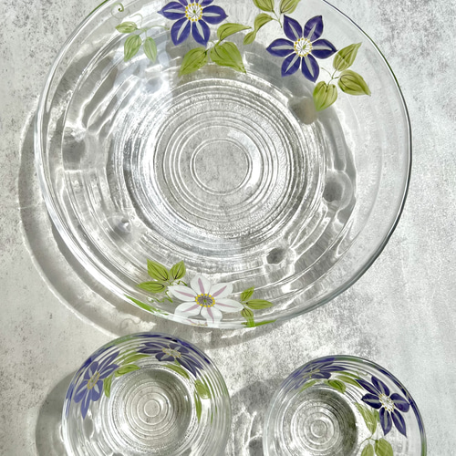 京の色絵ガラス 弘泉画 絵変わり 15cmガラス皿 5枚セット お花