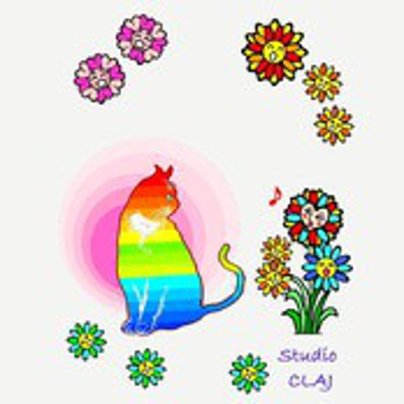魔法の森の花と虹猫バジル：プリントスターTシャツ（レディース：白） 2枚目の画像