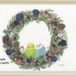 インコポストカード3枚→B5またはA4へ変更可能  『インコクリスマスリース』 クリスマスカード 野鳥 鳥 3枚目の画像