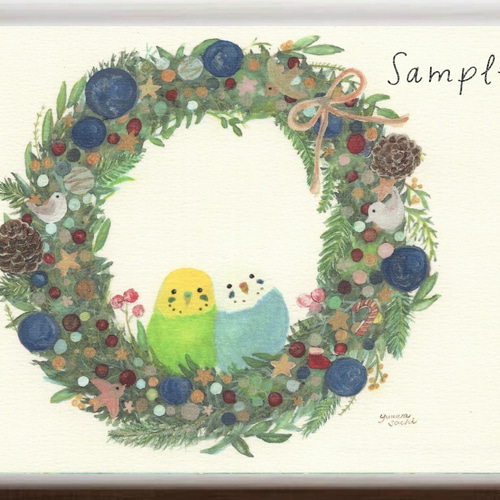 インコポストカード3枚→A4サイズへ変更可能 『インコクリスマスリース