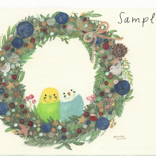 インコポストカード3枚→A4サイズへ変更可能 『インコクリスマスリース