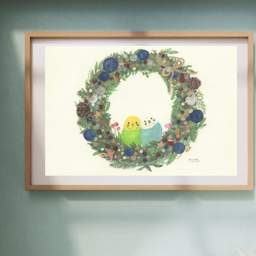 インコポストカード3枚→A4サイズへ変更可能 『インコクリスマスリース