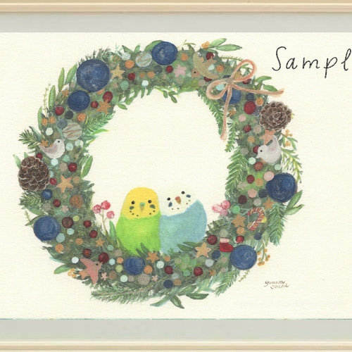 インコポストカード3枚→A4サイズへ変更可能 『インコクリスマスリース