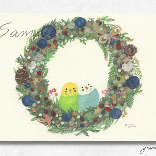 インコポストカード3枚→A4サイズへ変更可能 『インコクリスマスリース