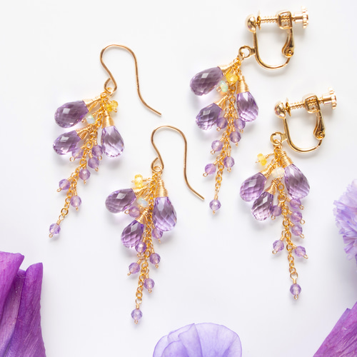 藤の花＊アメジストと天然石の彩りピアス（14KGF）／イヤリング ピアス