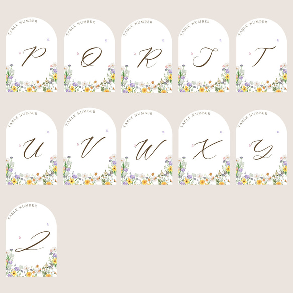 120円/1枚　【全16種類】アーチ型　花柄　テーブルナンバー【A/1/ONE】 6枚セット　席札　テーブルサイン TWENTY SIX 希望者のみ