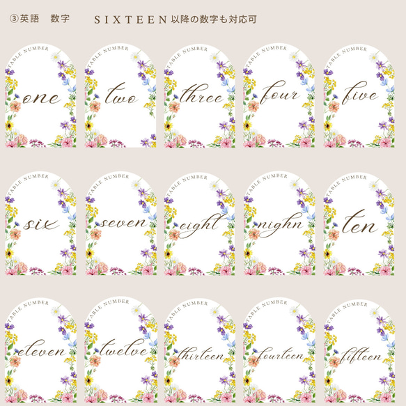 120円/1枚　【全16種類】アーチ型　花柄　テーブルナンバー【A/1/ONE】 6枚セット　席札　テーブルサイン TWENTY SIX 希望者のみ