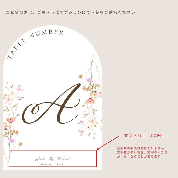 120円/1枚　【全16種類】アーチ型　花柄　テーブルナンバー【A/1/ONE】 6枚セット　席札　テーブルサイン TWENTY SIX 希望者のみ