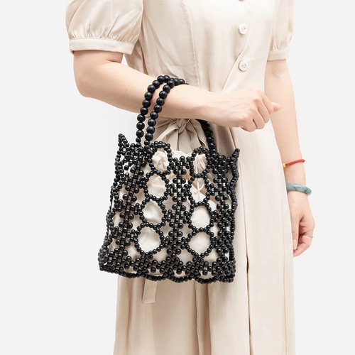 miichnページ ジュート刺繍入りウッドビーズハンドル セール】ウッドビーズハンドルバッグ（ショルダーバッグ