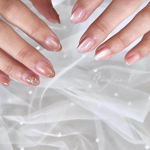 オーダーネイルチップ　ニュアンス　リボン　ワンホン　推し　マグネットno.65 現品】ネイルチップ リボン マグネット ミラー フレンチ ピンク