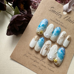 340》海 夏ネイル 波 ミラー ネイルチップ ゴールド ニュアンスネイル